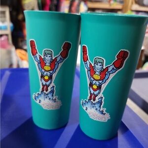 2 Vintage Captain Planet Tupperware Cups Tumbler Teal Blue 12 oz 1991 USA